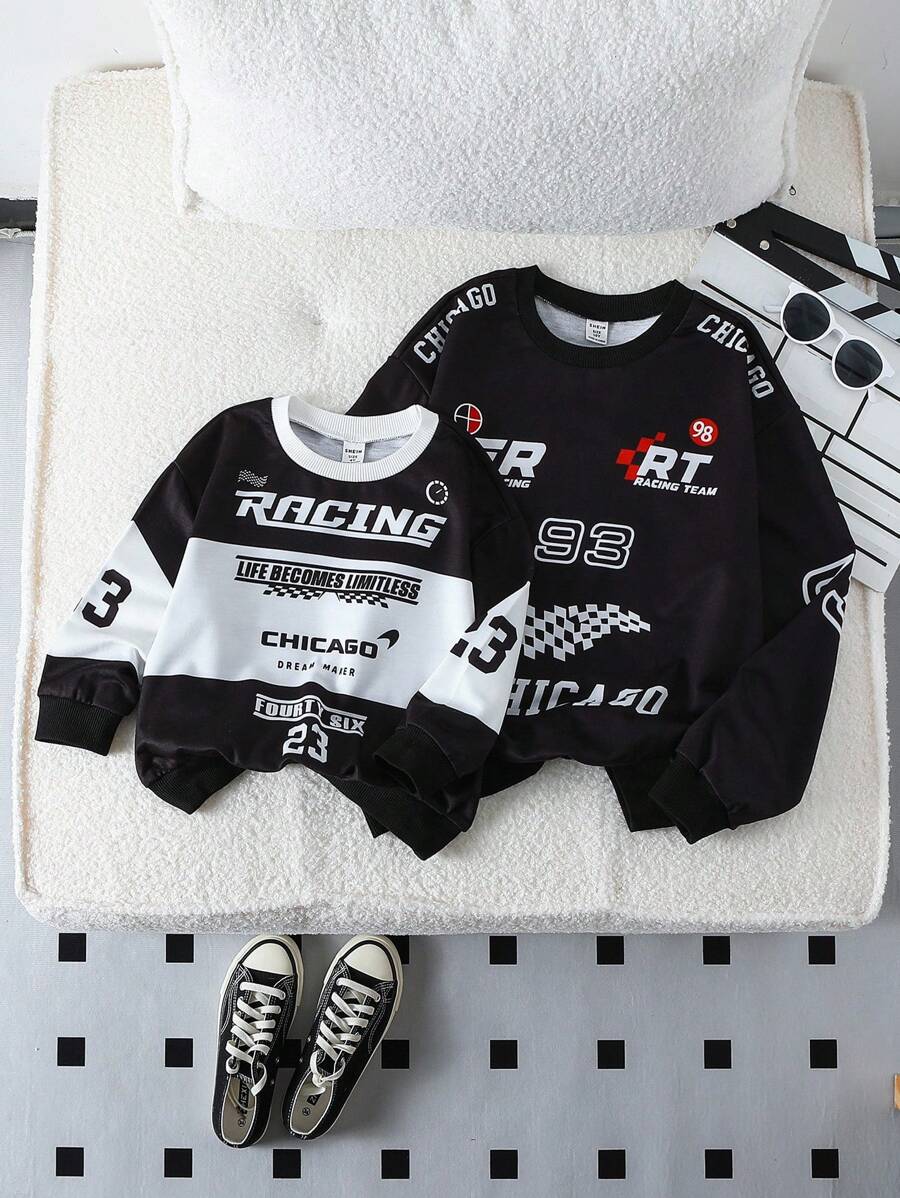 SHEIN 年轻男孩赛车印花圆领街头风套头衫，适合秋冬赛车运动衫图案运动衫，儿童赛车时尚男童服装儿童长袖运动衫 - 黑色 - 查看 1