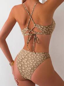 SHEIN Swim Women's Solid Color Back Cross Separated Bikini Set Summer Beach - Khaki - View 2