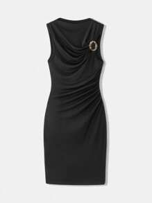 Maija Women's Black Ruched Sleeveless Dress,Metal Accent Round Neck Fitted Dress,Business Casual Office Wear,Old Money Style Urban Commuting Dress - Black - View 7