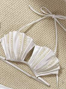 Swim Vcay Set de 2 piezas de traje de baño para mujer, nuevo diseño de verano de unicolor con parte superior halter con cuentas hechas a mano en la espalda y braga con lazo a los lados, traje de baño de lujo para playa y resort