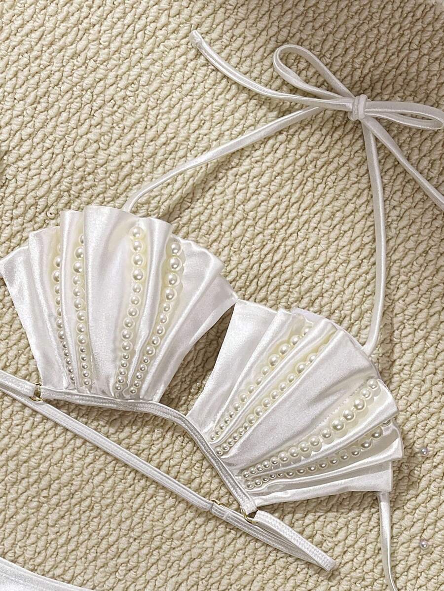 Swim Vcay Set de 2 piezas de traje de baño para mujer, nuevo diseño de verano de unicolor con parte superior halter con cuentas hechas a mano en la espalda y braga con lazo a los lados, traje de baño de lujo para playa y resort