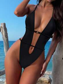 Swim SXY 1 bộ đồ bơi monokini hở lưng cổ chữ V sâu gợi cảm cho nữ - màu đen - Xem 1