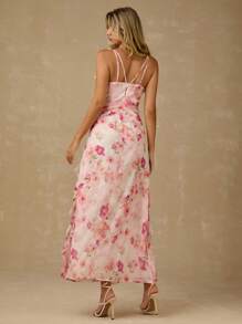 Enchnt Frühlings-/Sommer-romantisches Damen-Maxikleid mit rosa Blume Muster, Spaghettiträgern, geraffter Taille und Rüschensaum, süß und elegant für Urlaub, Date, Feiertage, Party, Abschluss, Hochzeitsgast, Strand, Abschlussball, Sommerkleider für Damen, Sommerkleider, Sommerkleidung, elegante Partykleider, Boho-Kleidung für Damen