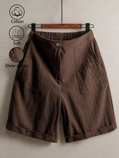 SHEIN LUNE Women's Summer Casual Solid Color Linen Shorts