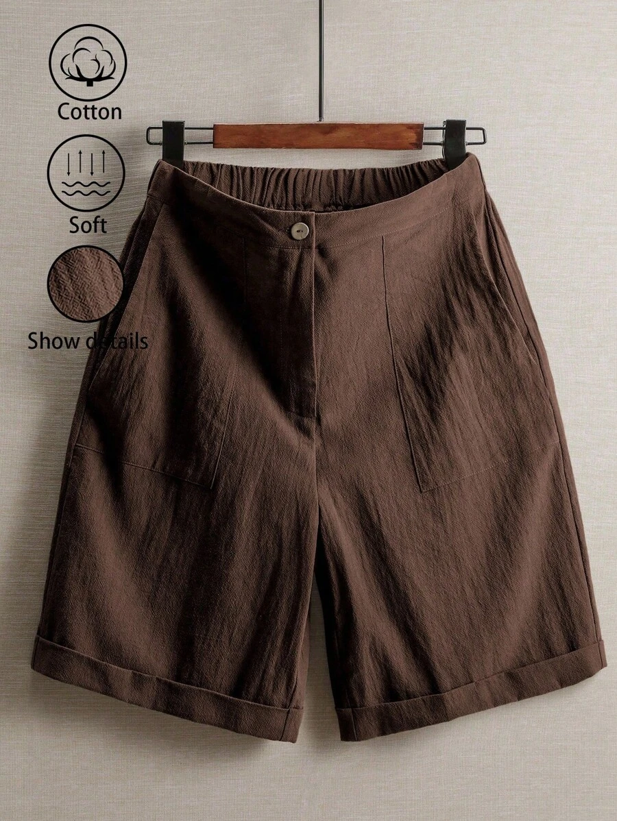 SHEIN LUNE 女士夏季休闲纯色亚麻短裤 - 咖啡棕 - 查看 1