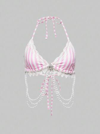 Sexy Damen Gothic schwarz-weiß vertikal gestreifter Kristallanhänger Träger Crop Top Bikini Top