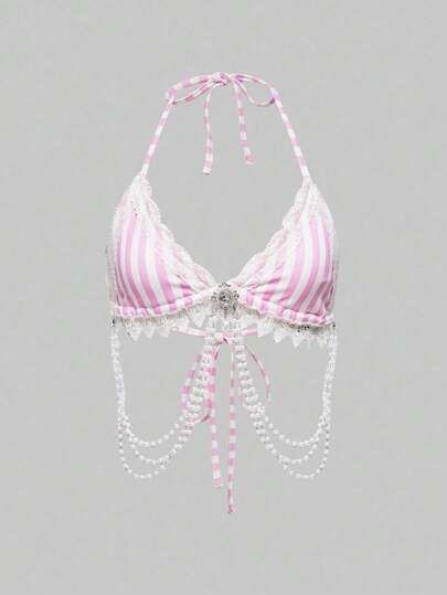 Goth Top bikini con collo alto a striscia verticale bianca e nera, pendente con cristallo, sexy, da donna, stile gotico