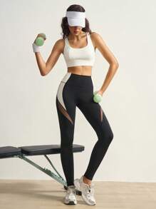 VARSITIE Kontrasfarbige Mesh-Patchwork-Leggings mit hoher Taille, modisch für den Sport