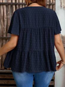 EMERY ROSE 加大码女式纯色圆领荷叶边短袖宽松衬衫，波西米亚风夏季，西部女装，度假，初秋波西米亚风女式上衣 - 藏蓝色 - 查看 2