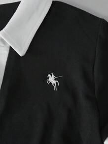 Áo thun tay ngắn họa tiết thêu chắp vá phối màu đơn giản mùa hè dành cho nữ - màu đen - Xem 3