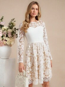 Amorya Vestido midi de manga larga con cintura entallada, bordado de encaje, de nueva temporada de otoño para mujer. De alta gama, estilizador, adecuado para uso diario y diversos eventos