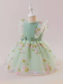Glamorique Kids Robe de fête de demoiselle d'honneur pour filles bébé, nouvelle robe de printemps/été en tricot avec manches courtes, taille avec broderie, maille élégante et fleurs mignonnes pour mariage - Vert menthe - Voir 4