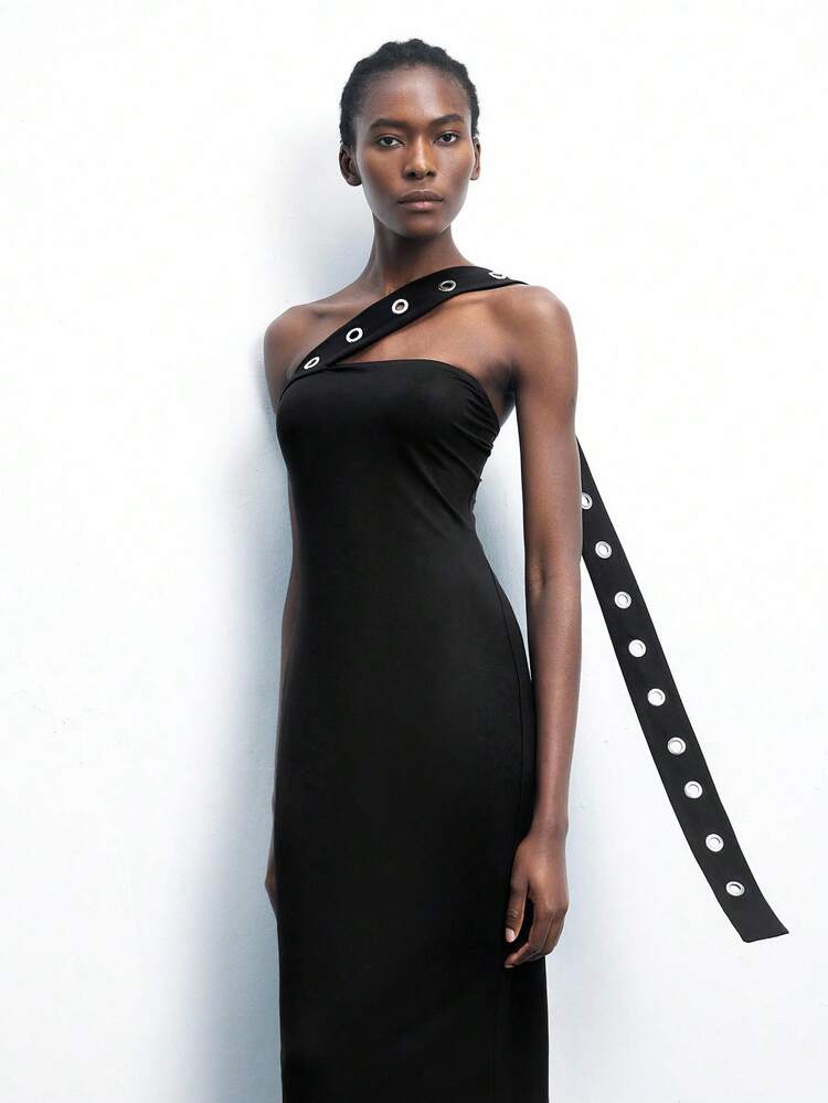 SHEIN Maija Women's Black Urban Chic Sexy Commuter Solid Color Spaghetti Strap Metal Hollow Out Decor Asymmetric Midi Fitted Dress, For Outdoor Music Festivals