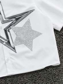 Manfinity ZONE917 男士时尚金属星形图案宽松短袖衬衫 - 白色 - 查看 4