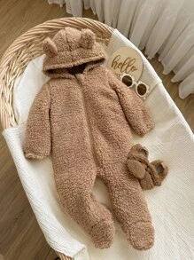 Newborn Baby Girls' Fluffy Solid Color Hooded Romper, Autumn/Winter Fall