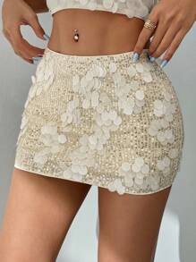 SHEIN PETITE Short Beige Sequin Mini Skirt, Summer - Apricot - View 4