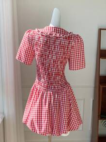 Comfortcana 女士优雅彼得潘领蝴蝶结荷叶边迷你连衣裙 - 紅白色 - 查看 3