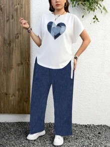 EMERY ROSE 2 piezas/set Tamaño grande Casual para mujer con estampado de corazón azul, adecuado para vacaciones de verano, playa, uso diario Casular - Multicolor - Ver 6