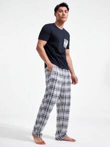 Manfinity Underwear&Sleepwear Basics Men Plaid Patched Pocket PJ Set / Pajama Set