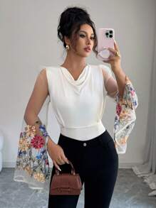 Elenzga 女式夏季时尚优雅领口设计荷叶边分层网眼刺绣拼接纯色黑色百搭长袖喇叭袖白色紧身衣 - 杏色 - 查看 6