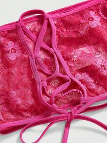 ROMWE Kawaii Women's Sexy Lace Halter Bralette & Thong Panty & Mini Skirt Set - Hot Pink - View 4