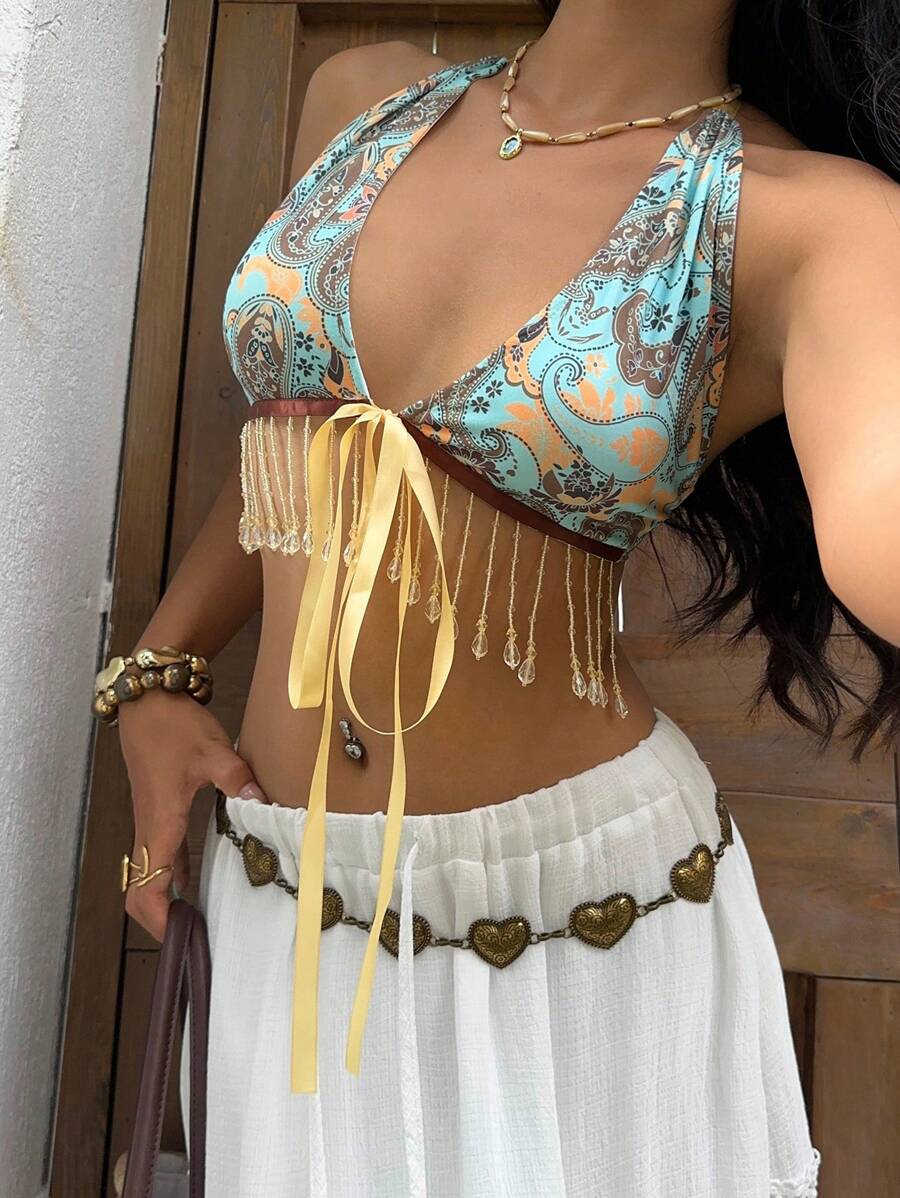 Sunnyshic Top court dos nu à col ras-du-cou avec franges de cristaux sexy, été