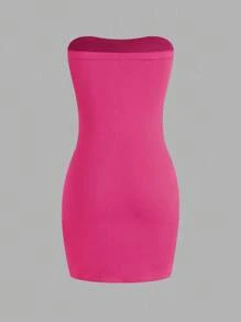 Sweetra Váy ôm body không tay màu trơn thời trang nữ có xẻ tà phía trước, ngắn - Hồng - Xem 2