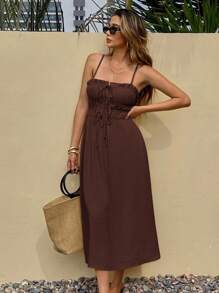 SHEIN Frenchy 女士纯色褶饰前系带口袋中长连衣裙度假风 - 棕色 - 查看 7
