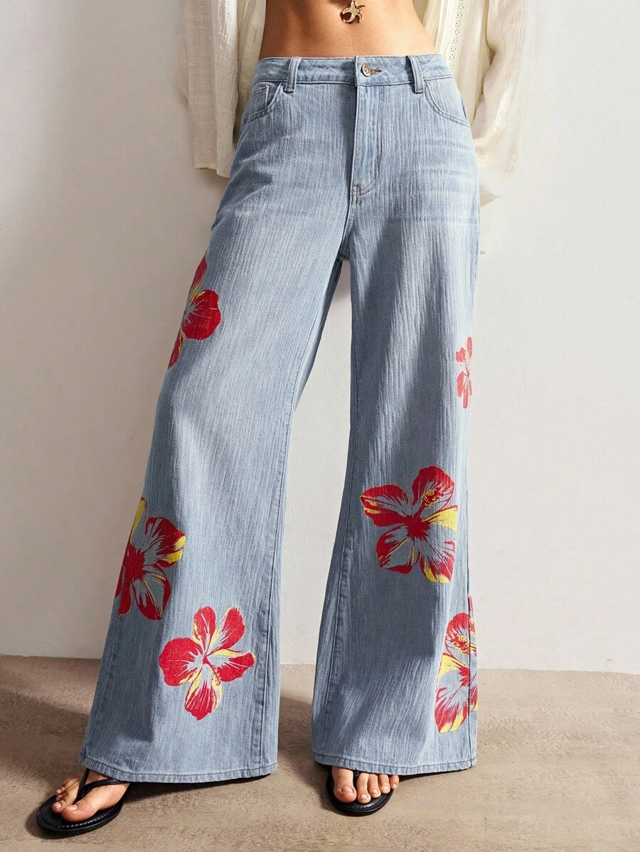Bohemela BOHO 休闲宽松阔腿印花女牛仔裤 - 藍色 - 查看 1