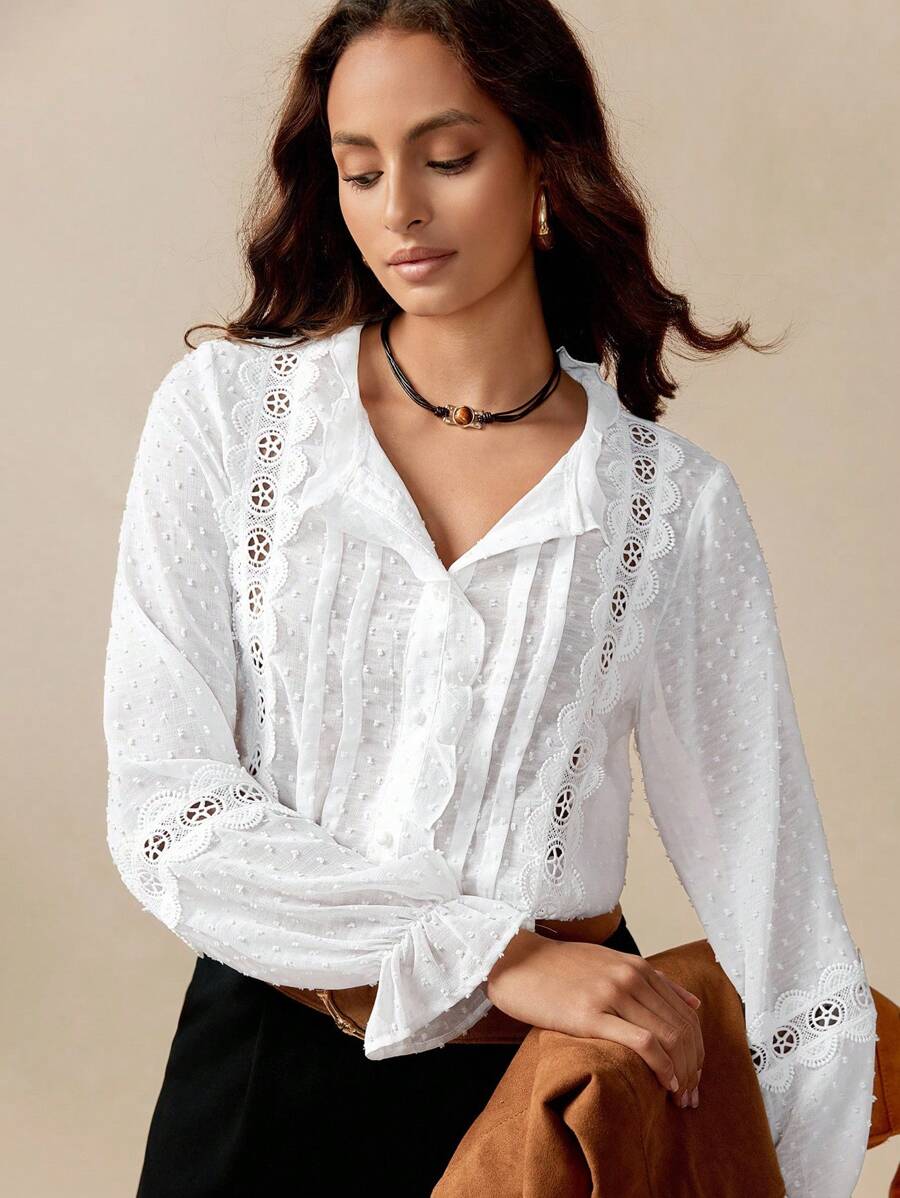 Chiquease Blusa holgada versátil de estilo bohemio con cuello Peter Pan, manga larga, parches de encaje floral - Blanco - Ver 1