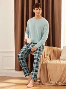 Manfinity Underwear&Sleepwear Basics 男士纯色长袖上衣和格子长裤家居服套装 - 薄荷藍 - 查看 9
