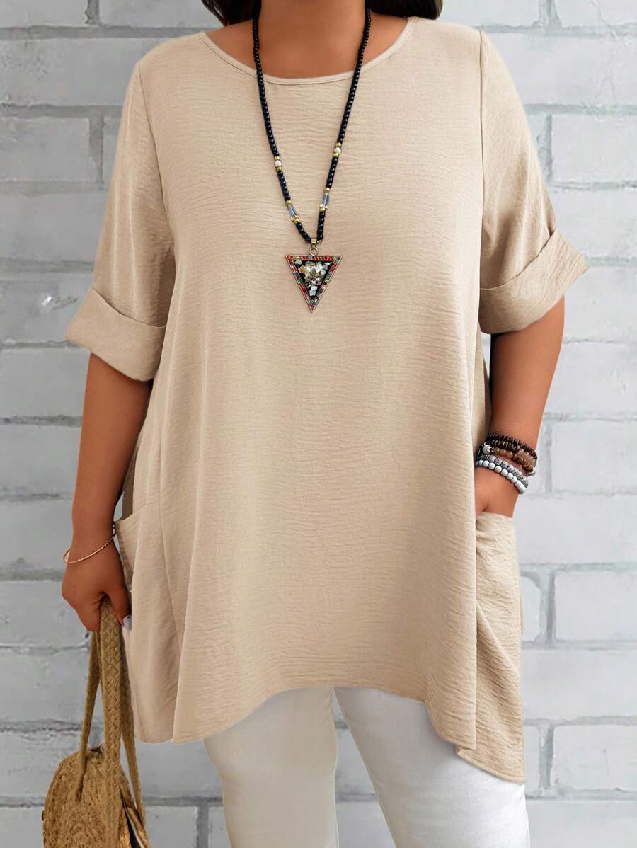 EMERY ROSE Casual Woven Fabric Round Neck Tunic Blouse For Women In Camel Tone - Camel - View 1