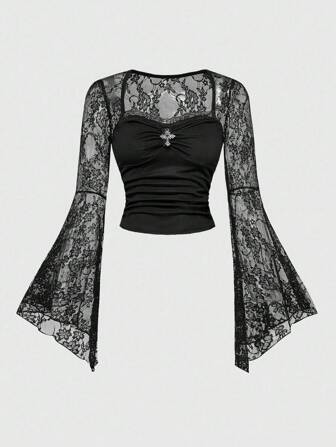 Halloween Dark Gothic Cross Lace Patchwork Flared Sleeve Crew Neck Blouse For Women
