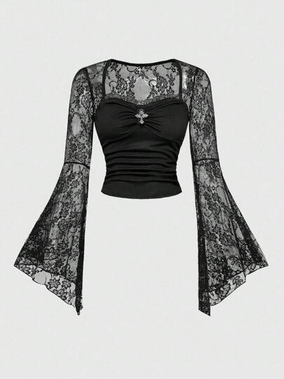 Halloween Dark Gothic Cross Lace Patchwork Flared Sleeve Crew Neck Blouse For Women