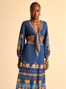 CAJUNI Đầm Maxi Dài Tay Dài In Hoa Nhiệt Đới Màu Xanh Dương Cho Kỳ Nghỉ Dành Cho Nữ, Cổ Chữ V Thắt Nút Xoắn, Tay Dài, Eo Rỗng, Kỳ Nghỉ Hè, Váy Cho Nữ, Váy Mùa Hè Cho Nữ, Váy Mùa Hè, Váy Cho Nữ Thanh Lịch, Váy Mùa Hè - Nhiều màu - Xem 2