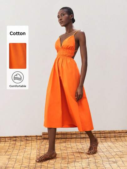 Maija Orange Lace Up Open Back Casual V-Neck Sleeveless Mid-Calf Dress For Women, Comfortable Holiday Beach Party