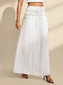 SHEIN Unity Women's Elegant Ruched Elastic Waist Maxi A-Line Skirt All White Casual Spring - White - View 5