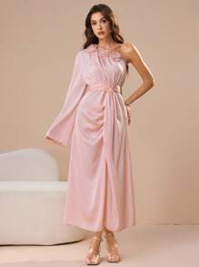 Modelyn Women's Long Asymmetrical Neck Dress With 3D Floral Decor - Pink - View 6