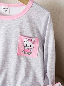 Genkimix Kids 年轻女孩春秋圆领长袖针织套装，俏皮可爱猫咪图案和拼色条纹设计，时尚舒适的家居服 - 彩色 - 查看 5