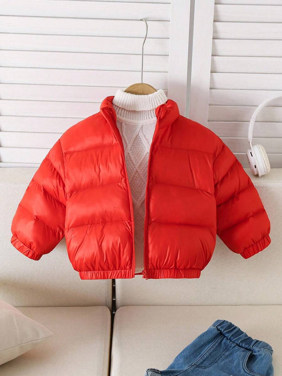 SHEIN Baby Girl Chic Solid Color Red Padded Coat,Winter Modest Toddler Puffer Jacket,Thermal Lined Versatile Date Fall Outwear,Chic Baby Winter Jacket - Red - View 1