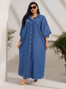 SHEIN SXY Plus Size Women Autumn Simple Front Button Loose Denim Shirt Dress Old Money Style Holiday Style Loose Dress Vacation Outfit