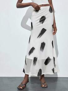 Maija Gonna elegante estiva da donna, in bianco con stampa nera, vita elastica, orlo spacco, stile minimalista, adatta per l'ufficio