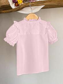 SHEIN Elladie kids 年轻女孩休闲花卉荷叶边泡泡袖短袖纯色衬衫，适合夏季休闲粉色衬衫 - 粉色 - 查看 2