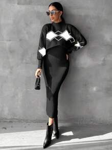 EURMUSE 2pcs/set Plaid Sweater And Solid Color Dress Outfit - Black - View 6