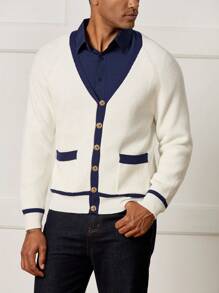 Manfinity CityGents Męski, kontrastowy, jednorzędowy, dzianinowy kardigan z długim rękawem i kieszeniami - Niebieski i biały - Zobacz 6