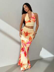 SHEIN PETITE Women's Holiday Halter Top And Skirt Printed Two Pieces Set Tropical Two Piece Set Floral Two Piece Set