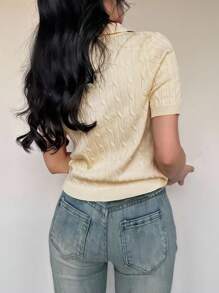 Flirla 女士扭绳高领短袖针织上衣 - 黄色 - 米色 - 查看 2