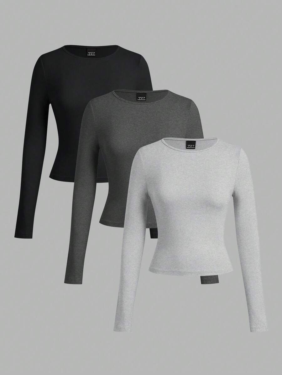 SHEIN EZwear 女款三件套黑灰色花卉印花紧身宽松领长袖T恤套装 - 彩色 - 查看 1