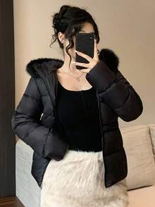 DAZY 女式纯色连帽毛领收腰保暖内衬厚棉服秋冬夹克 - 黑色 - 查看 7