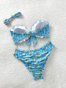 Soleia 全新碎花扭纹抹胸比基尼套装，可爱、卡哇伊露肩圣诞上衣，适合学校返校服装，女士返校秋季服装，哥特女装，俱乐部服装，女士性感万圣节服装，外出服装，音乐会服装，乡村音乐会服装 - 彩色 - 查看 2